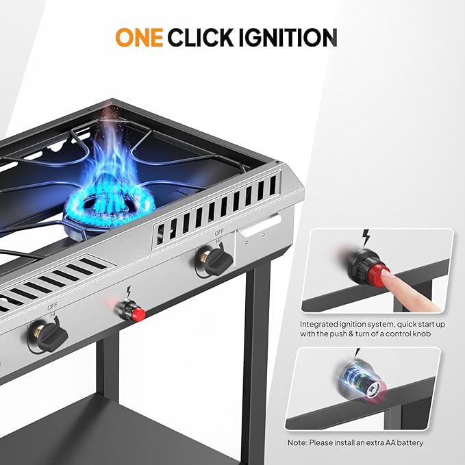 Bonnlo 2 Burner Propane Gas Stove with Auto Ignition, 150,000 BTU Portable Outdoor Camp Cooker Stove with Convenient Shelf & Smooth Rolling Wheels for Backyard, Camping, Tailgating, Patio Parties