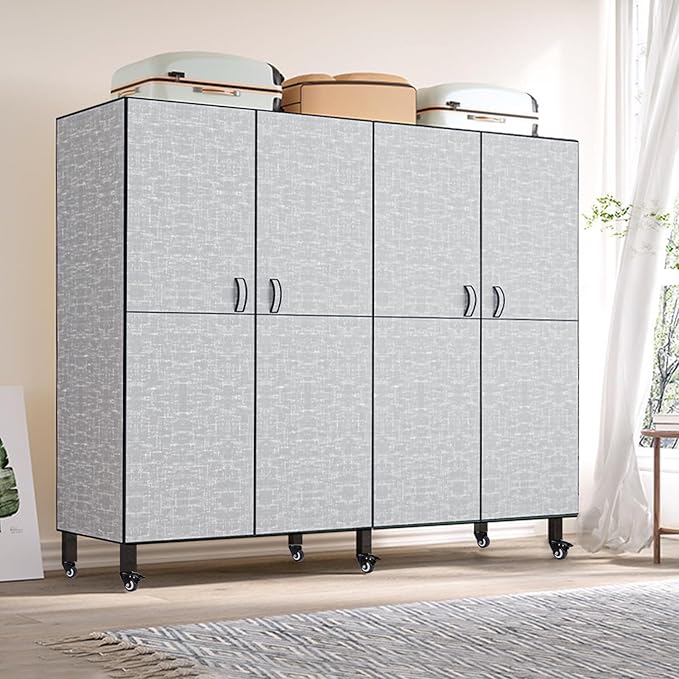 FPIGSHS Heavy Duty Clothes Rack with Magnetic Door 2000LBS Foldable Portable Wardrobe Closet for Hanging Clothing Rolling Garment Rack on Wheels for Bedroom Closet System (B(Grey Door, 71in)