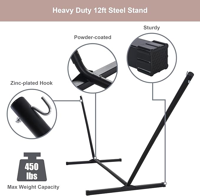 2 Person Hammock with Stand Included, Outdoor Quick Dry Hammock with Curved Spreader Bars, Pillow and Carrying Bag, 450 Lbs Capacity, Light Brown Stripe