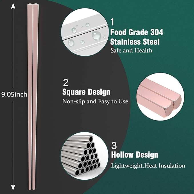 GLAMFIELDS Metal Chopsticks Reusable Chopsticks Dishwasher Safe Multipack Stainless Steel Japanese Style 5 Pairs Lightweight Chop Sticks Gift Set