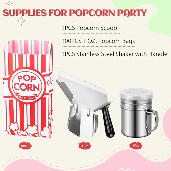 102 Pcs Popcorn Bags with Popcorn Scoop and Salt Shaker,1 oz Small Pop Corn Bags Popcorn Bags Individual Servings for Popcorn Machine Supplies Party Movie Night Theater