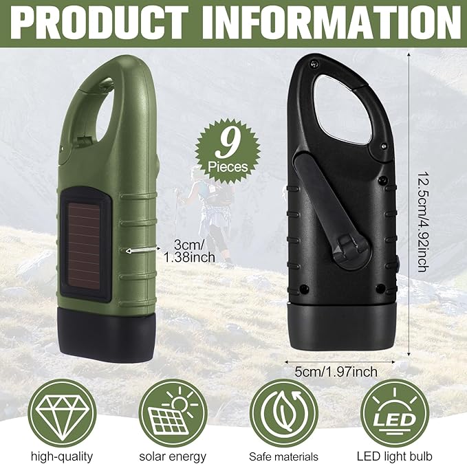Leelosp 9 Pieces Hand Crank Flashlight Solar Powered Flashlight for Emergencies Dynamo Rechargeable LED Survival Light for Outdoor Sports Hiking Camping(Green,Black)