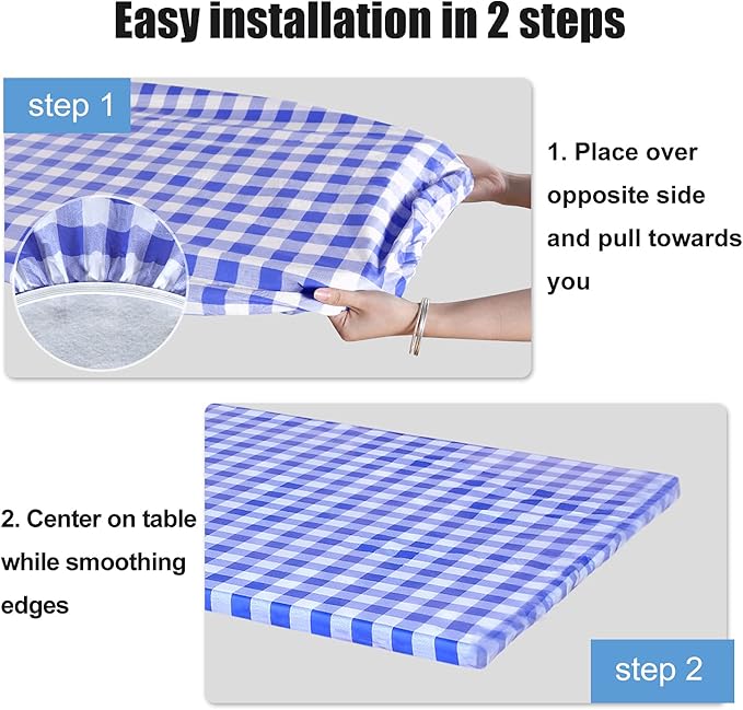 Fitable Blue Checkered Picnic Table Cover Waterproof Vinyl Fitted Table Cover Flannel Backing Outdoor Indoor Tablecloth 30"x96" for Picnic, Travel, Holiday, Party, Folding Table