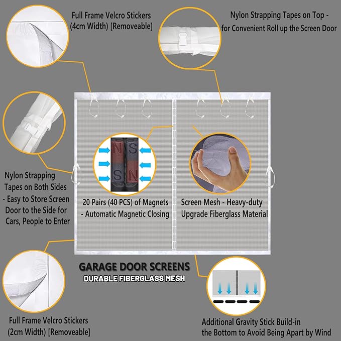 Magnetic Garage Door Screen Kit 9x8 FT White - Retractable Mesh Net Screen Door with Fiberglass Mesh for 1 Car Garage 9x8ft, Blocks Bugs & Provides Privacy - Perfect for Workshop, Gym, Patio