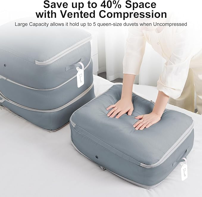 Comforter Storage Bag - Large Capacity Blanket Storage Bags 3-Layer Ultra Space Saving Self Compression Organizer, Washable Compression Bags for Storage Comforter Blanket, 4-Pack, Grey