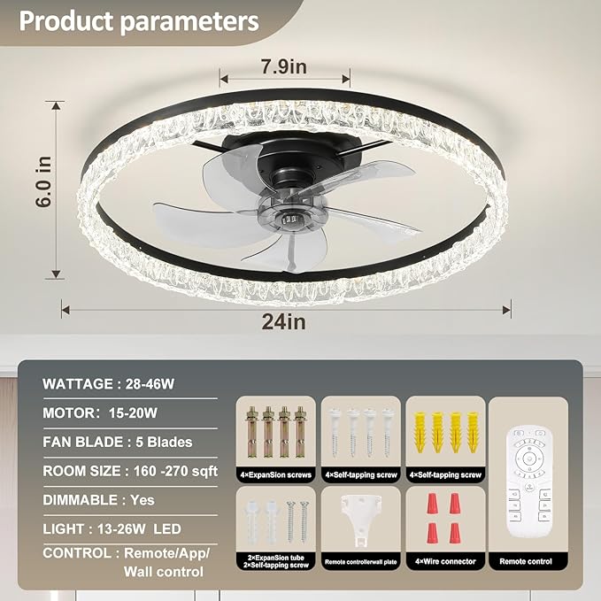 Ceiling Fans with Lights, 24 Inch Ceiling Fan with Light and Remote, Low Profile Reversible Fandelier Ceiling Fan, Dimmable LED, Flush Mount, Low Noise DC Motor, for Bedroom, Kitchen, Office