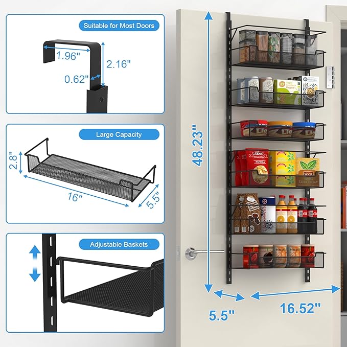 Over the Door Pantry Organizer, 6-Tier Over the Door Organizer with Adjustable Basket, Pantry Door Organization for Pantry Kitchen Storage Room Spice Rack, Black
