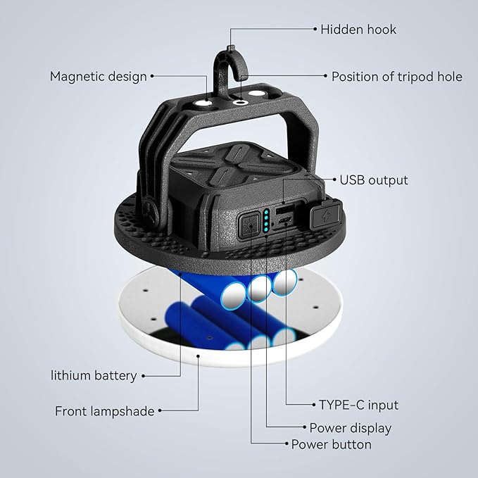 VAVOFO 30W 3000LM LED Camping Lantern Rechargeable, 3 Lighting Modes, 7200mAh Power Bank,IP65 Waterproof Flashlight , Portable Tent Light with Magnetic Base for Emergencies, Power Outages(Black)