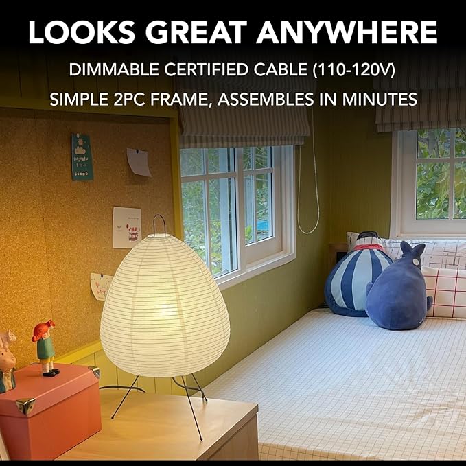 Noguchi Akari Rice Paper Lantern Lamp ??Dimmable Japanese Table Lamp with Washi Paper Shade, Bulb Included ??Japandi Bedside, Desk Light