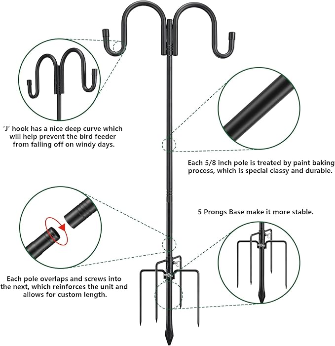 Black Double Shepherds Hook - 82 Inch Adjustable Bird Feeder Pole with 5 Prongs Base - Heavy Duty Rustproof Shepards Hooks for Outdoor Hummingbird Feeder Stand, Solar Lights, Lanterns, Flower Basket