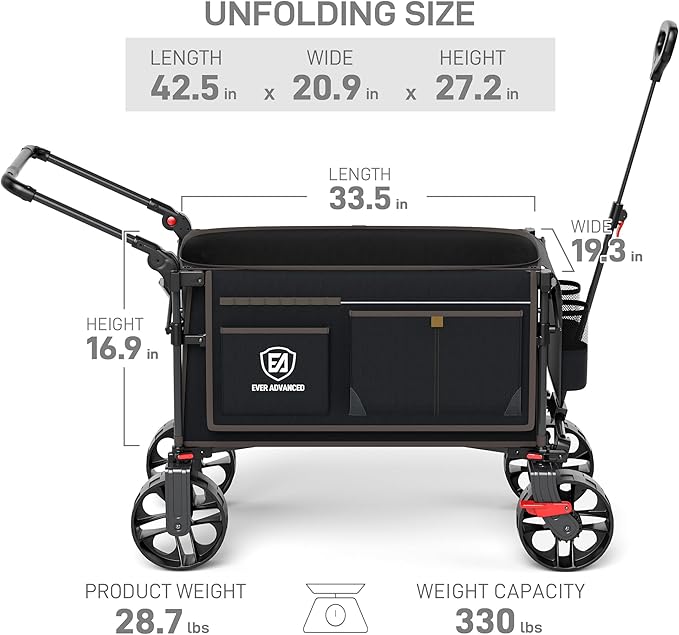 EVER ADVANCED Folding Push Wagon with Brakes, Portable Shopping Cart, Collapsible Wagon Cart with All-Terrain Big Wheels for Camping, Beach, Sports