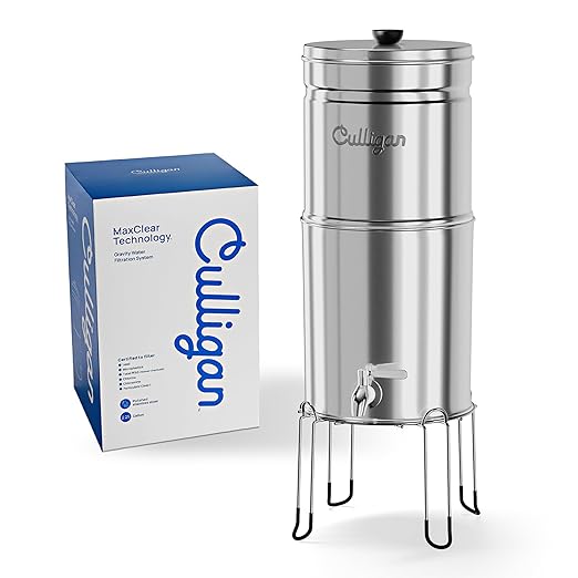 Culligan with MaxClear Technology 2.25 Gallon Gravity Water Filter System, Polished Countertop Ceramic Water Filter NSF/ANSI Certified to Reduce Lead, Microplastics & Total PFAS, with 4 Filters