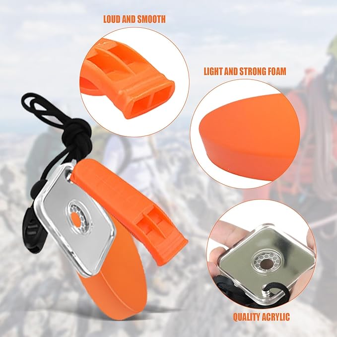 Outdoor Rescue Signal Mirror Floating Whistle Combo Survival Kit Flash Signaling Mirror Emergency Whistle Orange Float for Backpacking Camping Hiking Activities