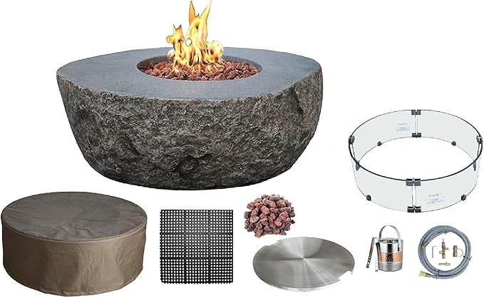 Elementi | Bundle Boulder Gas Fire Pit Cast Concrete Semi-Round Fire Table, Outdoor Fire Pit Electronic Ignition | Canvas Cover, Lava Rock Included | Natural Gas