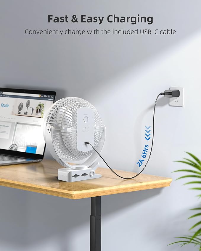 Koonie Portable Clip on Fan, 8-Inch 10000mAh USB Rechargeable Battery Operated, 4 Speeds, Strong Airflow, Sturdy Clamp for Office Desk Golf Car Outdoor Travel Camping Tent Gym Treadmill