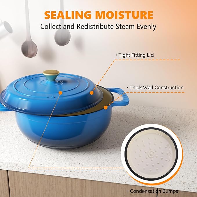 BONNLO 6QT Round Dutch Oven, Enameled Cast Iron Dutch Oven Pot with Lid & Dual Handles, Oven Safe Up to 500° F, for Sourdough, Bread Baking, Stews and Roasting (Blue)