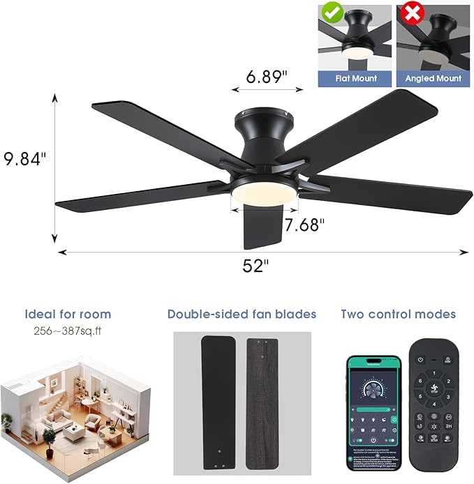 52" Low Profile Ceiling Fans with Lights and Remote,Black Indoor Ceiling Fans with Reversible Quiet Motor,Modern Flush Mount Ceiling Fan Light for Bedroom