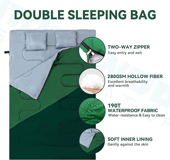 Double Sleeping Bag for Adults Kids - Lightweight 2 Person Sleeping Bag with Pillow, Queen Size Waterproof Camping Sack Two Person for Girls, Boys, Youths, Teens, Compact for Cold Weather & Warm