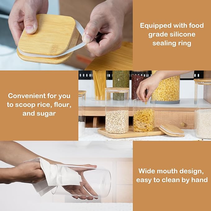 41oz Airtight Glass Square Storage Canister with Bamboo Lid Set of 4 (1200ml) Container Stackable Jar, Kitchen Canister for Pantry Noodles, Flour and Coffee beans (‎with Black Lable)