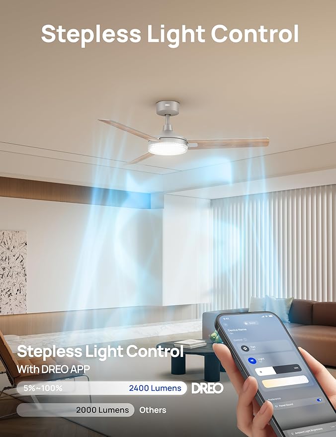 Dreo Smart Ceiling Fans with Lights, 52 Inch Grey Ceiling Fan, 12 Speeds & 3 Fan Modes, Stepless Color Tones, Dimmable LED Light, 1-12H Timer, Quiet DC Motor, Remote/APP/Alexa/Wall Switch Control
