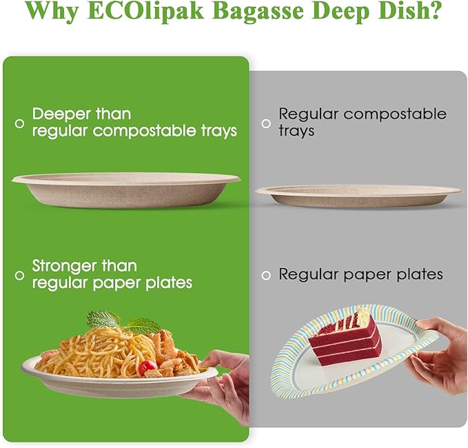 ECOLipak 125 Pack Paper Plates 10 inch 100% Compostable, Heavy-Duty Dinner Plates Disposable Bagasse Deep Dish Natural Biodegradable Eco-Friendly Sugarcane (Brown)