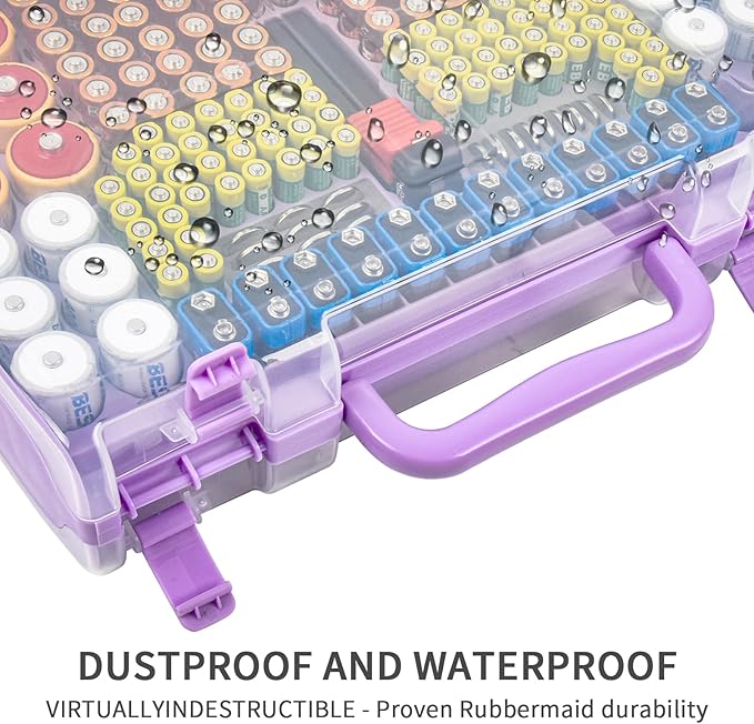 Battery Organizer Storage Holder Box Case with Tester- 269 Batteries Double-Sided Variety Pack, Holds AA AAA 4A C D Cell 9V 3V Lithium LR44 CR2 CR123 CR1632 18650 Button- Purple (Box Only)