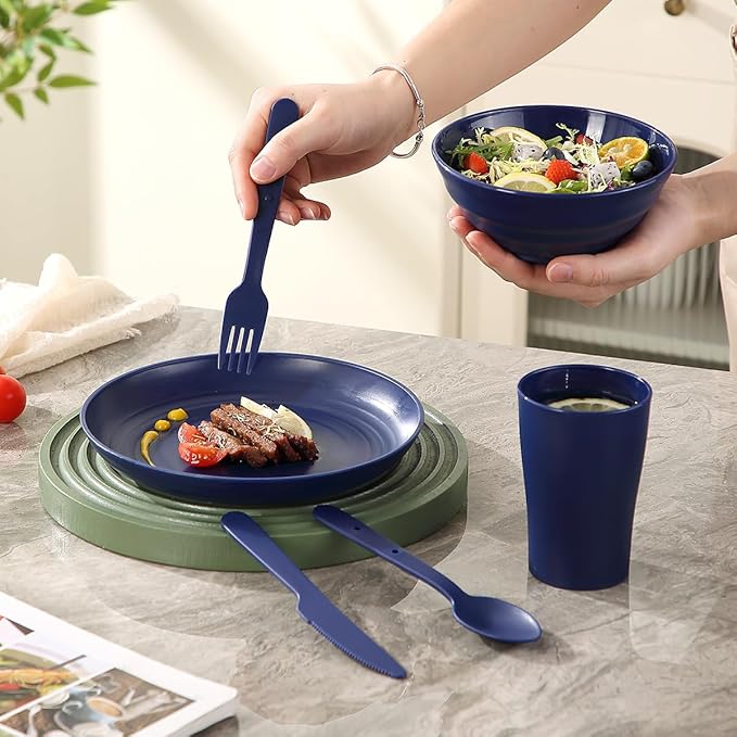 Camping Mess Kit for 2 with Bowl, Plate, Cup, Spoon, Fork, Knife and Carry Bag, Plastic Camping Accessories Essentials Gear for Couple Travel, Picnic, Outdoor, Easy to Carry