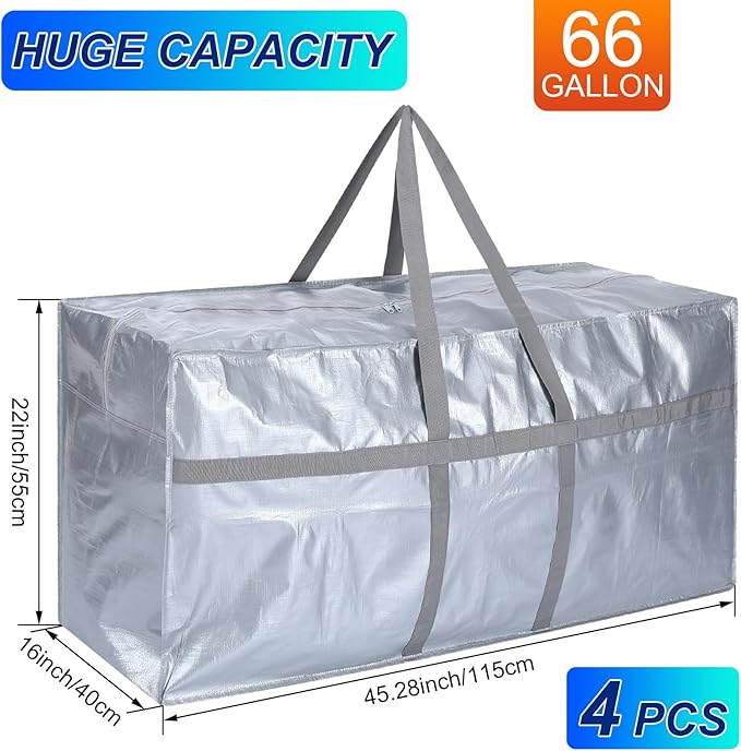 4 Pcs 66 Gallon Large Moving Bags with Zipper and Handles Foldable Storage Duffle Bags Heavy Duty Extra Large Totes for College Dorm Travel Clothes Blankets Bedding Moving (Silver)