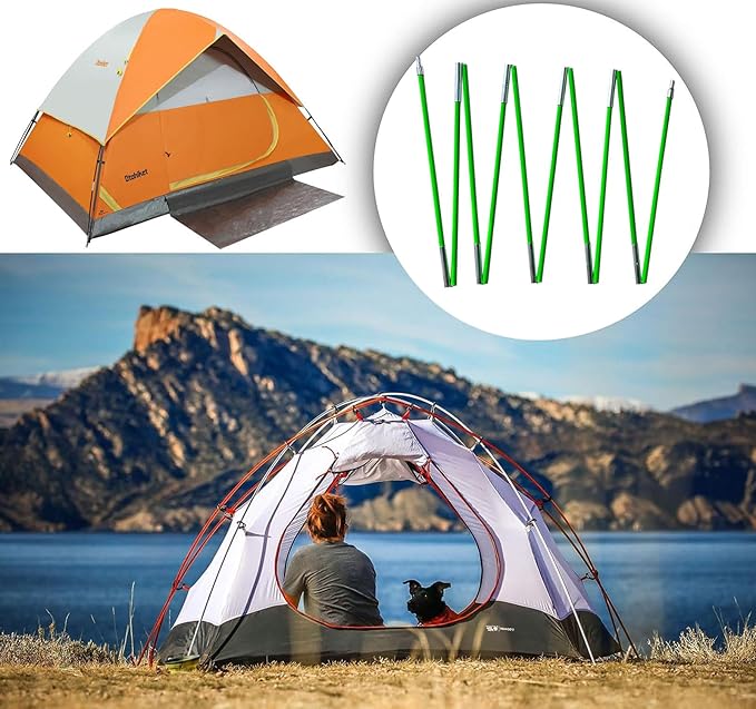 Tent Pole, Replacement Tent Pole, Telescopic Rod, Collapsible Green Fiberglass Poles with Metal Connectors ， 24 FT Long and 9.5 mm in Diameter， Universal Fit for Outdoor Tents （2 Pack ）