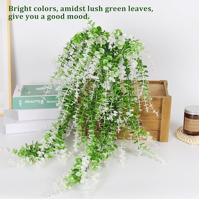 Fake Monkey Plants Hanging Eucalyptus Vines Fake Vines Faux Hanging Plants for Outdoor Garden Yard Backdrop Decor Indoor Room Table Wall Home Hanging Decoration(White)