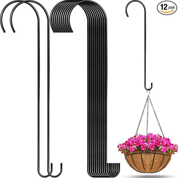 12 Pack 24 Inch Large S Hooks for Hanging Plants Black Metal Plant Hanger Long Tree Hooks Plant Hooks Outdoor Hanging Hooks for Tree Branch, Bird Feeder, Basket, Lantern Indoor Closet Garden