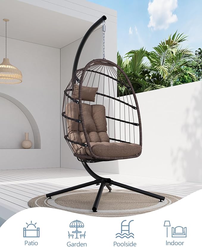 SWITTE Egg Chair Outdoor with Stand, Indoor Wicker Hanging Egg Swing Chair with Cushion, 350lbs Capacity for Patio, Bedroom, Garden - Brown