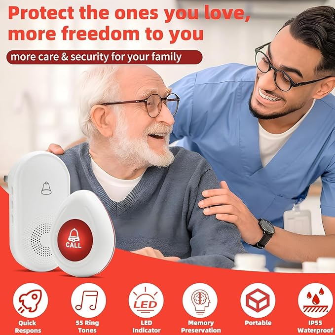 Wireless Caregiver Pager SOS Call Button for Elderly Monitoring 1000+ Feet Life Alert，Emergency Alert System Call Bell for Nurse Patient Disabled 1 Waterproof Transmitter & 2 Plugin Receiver