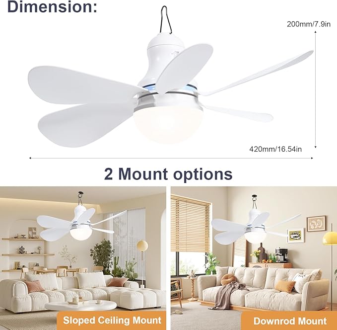 Portable Ceiling Fan with LED Light, Mini DC 5V USB Tent Fans for RV, 16.5Inch Small USB Ceiling Fan Hanging Camping Tent Gazebo Bed Dormitory, On/Off Button Switch, Detachable Blades