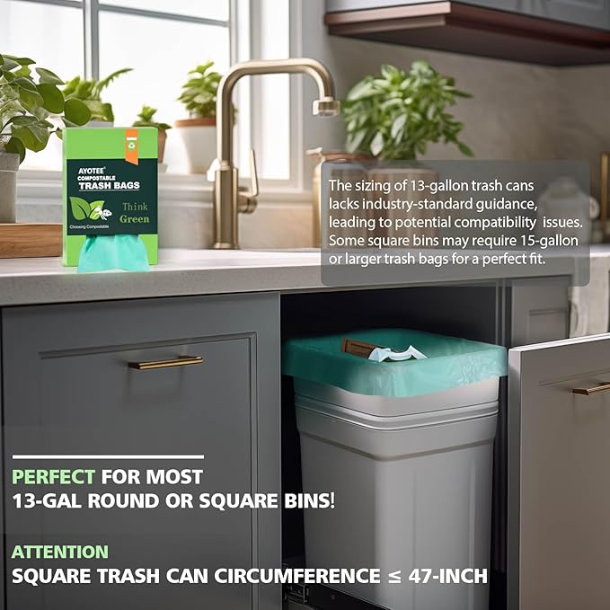 Compostable Trash Garbage bags,AYOTEE 13-15 Gallon Tall Kitchen Trash Bags,Heavy Duty Unscented 1.18Mils 55 Liter,60 Count,Strong Thicken Rubbish Waste Can Liners for Kitchen Garden Home