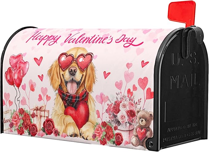 Happy Valentine Mailbox Covers Magnetic Standard Size 21"x18" Golden Retriever Dog Love Heart Decorative Mail Box Post Cover Rose Anniversary Pink Mail Box Post Cover for Home Outdoor Garden