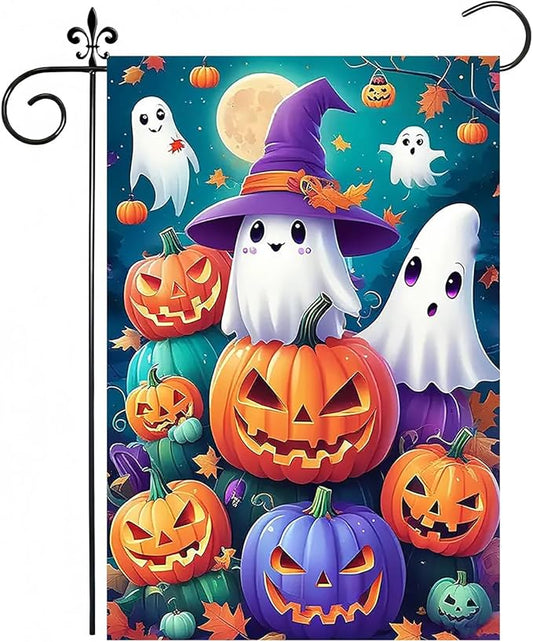 Halloween Garden Flag for Outside 12x18 Inch Double Sided, Pumpkin Ghost Small Yard Flags for Outside, Halloween Outdoor Flag Front Porch Decorations for Home
