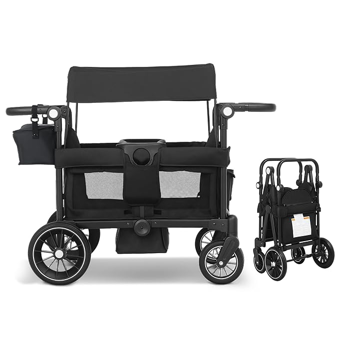 Wagon Stroller for 2 Kids, All-Terrain Stroller Wagon, Foldable Kids Wagon Cart Featuring with Harnesses, Adjustable Double Push Handle, Removable Canopy, Snack Tray, Large Storage Bag, Black