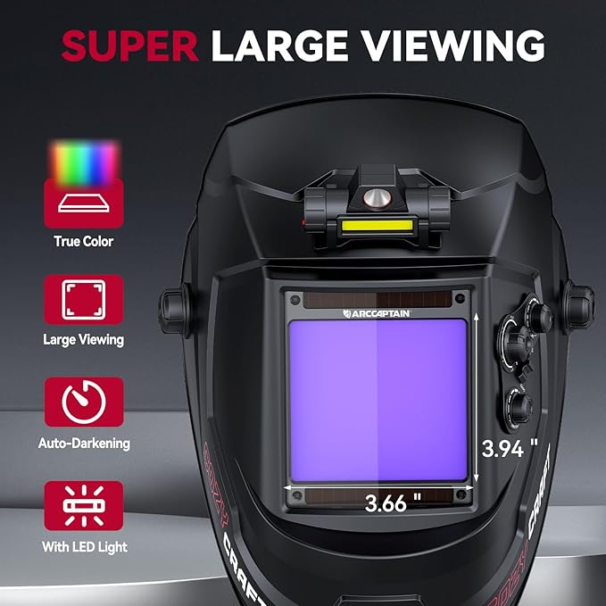 ARCCAPTAIN Large View 3.94" x 3.66" True Color Auto Darkening Welding Helmet with Light, Solar Powered Welding Hood, 4 Arc Sensor Wide Shade 4/5-9/9-13 for Stick MIG TIG Cut