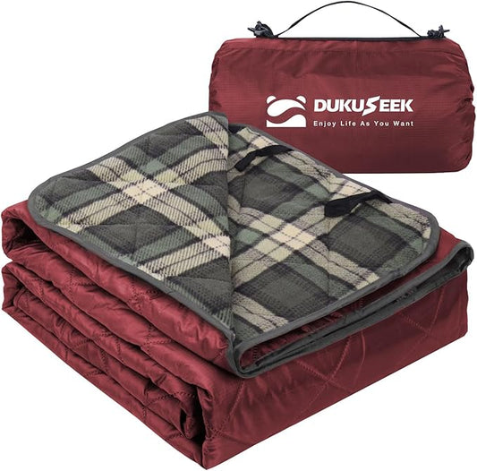 DUKUSEEK Waterproof Camping Blanket with Super Thick Fleece Lining, Large Outdoor Blanket Windproof with Foldable Hood for Camping Stadium Sporting Events,79"x 58"