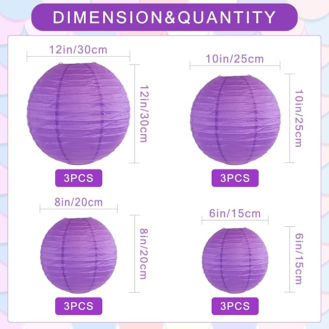 12Pcs Round Paper Lanterns Assorted Sizes (6" 8" 10" 12") for Home Decor, Restaurant, Church, Wedding, Birthday Party Decorations, Hanging Chinese Japanese Paper Lantern Lamps (Deep Purple)
