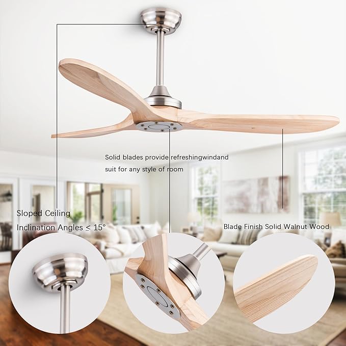 52" Wood Ceiling Fan No Lights with Remote Control,Wooden 3 Blades Ceiling Fans Without Light for Patio,Garage,Living Room,Bedroom,Office,Indoor/Outdoor(Nickel+Raw wood)