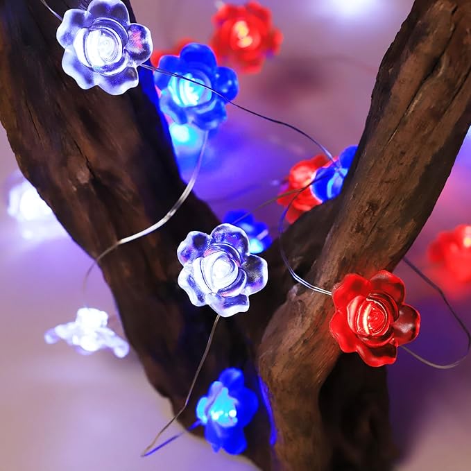 4th of July Decorations Rose Fairy Lights, 30 LED Red White Blue Rose String Lights with Remote Control Patriotic Lights for Memorial Day, Independence Day, Christmas Decor (Rose)