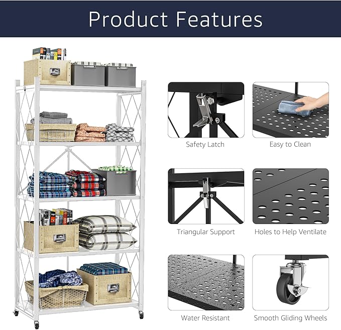 5-Tier Foldable Storage Shelf with Wheels - Metal Rack Collapsible Shelving Unit Display, Rolling Cart for Books Kitchen Storage Shelves, Pantry & Closet Organizer, Office Room Decor