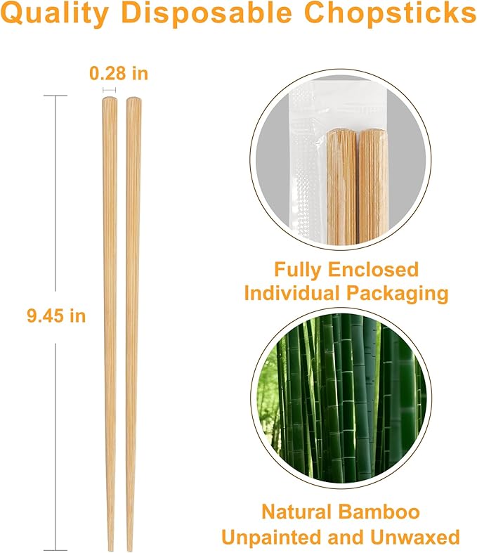 50 Pairs Chopsticks Disposable Reusable 9.5" Individually Wrapped Bulk Premium Quality