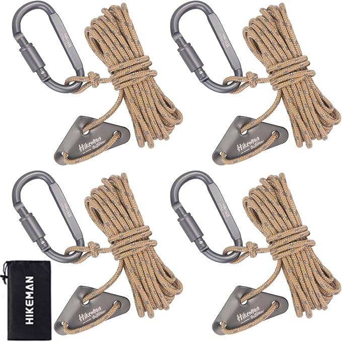 Hikeman 4 Pack Camping Rope with Locking Carabiner Clip,4mm Reflective Guy Lines with Triangular Guyline Adjuster Tensioner,Nylon Cord for Tent Tarp Tie Down,Hiking,Backpacking