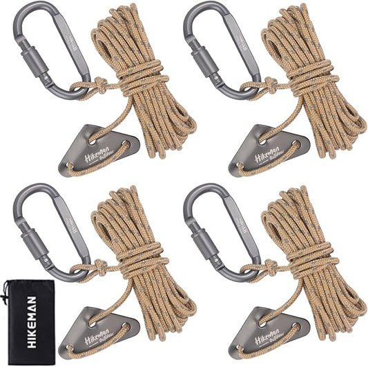 Hikeman 4 Pack Camping Rope with Locking Carabiner Clip,4mm Reflective Guy Lines with Triangular Guyline Adjuster Tensioner,Nylon Cord for Tent Tarp Tie Down,Hiking,Backpacking