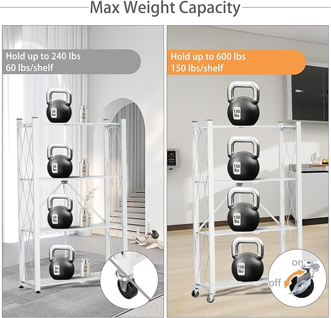 4 Tier Foldable Storage Shelf with Wheels, Heavy Duty Folding Shelf Loads 600 LBS, Metal Steel Collapsible Shelves, Rolling Standing Utility Rack for Kitchen, Pantry, Office, White