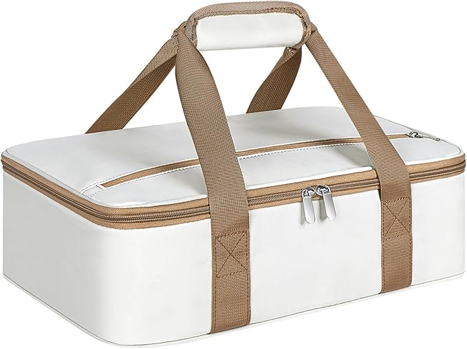 Insulated Casserole Carrier, Portable Casserole Carrier for Hot or Cold Food Lunch Tote Warmer or Cooler Bag, Lasagna Lunch Bag for Potluck Parties- Fits 9" x 13" Baking Dish-Beige