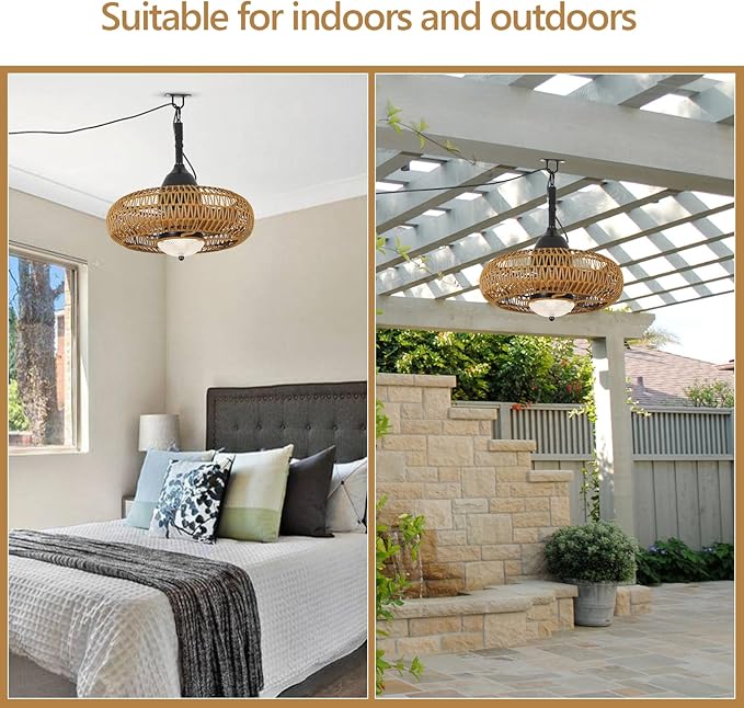 Airposta Waterproof Outdoor Ceiling Fan with Lights Remote Control, Wet Rated Gazebo Fan with 3 Color Temperatures&Dimmable LED Light, Boho Rattan Plug in Ceiling Fan for Indoor Bedroom/Outdoor Patios